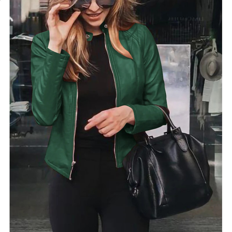 Spring Autumn Oversized Stand Collar Fashion Zipper Jacket Ladies Slim Allmatch PU Leather Coat Top Women Solid Color Cardigan 250809
