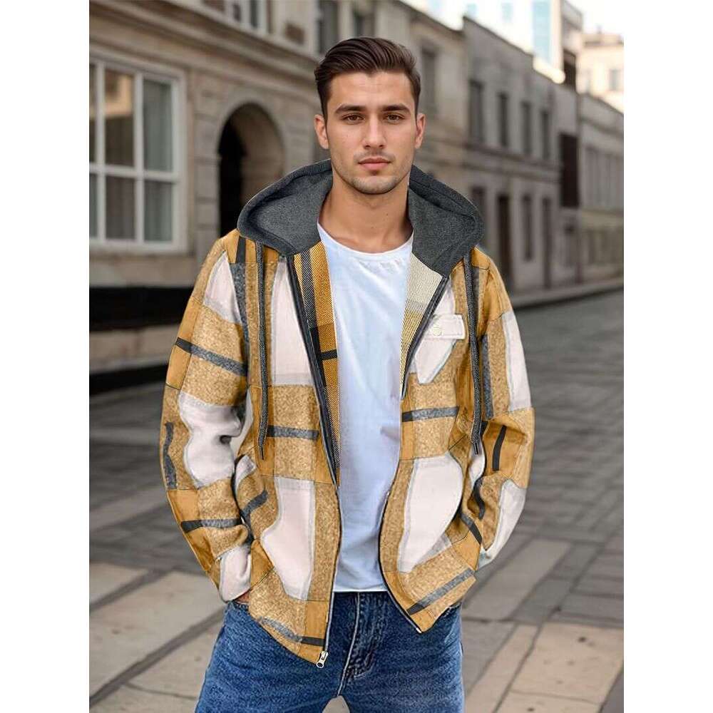 Men's Flannel Woolen Jacket Zipper Hoodie Winter Warm Hooded Coat