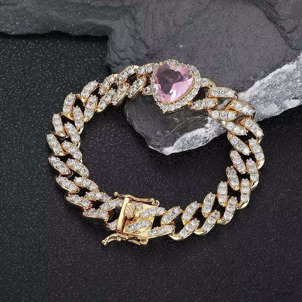 NUOYA Iced Out 10mm Pink Heart CZ Sier Cuban Hip Hop Single Row Prong Link Chain Bracelet for Women