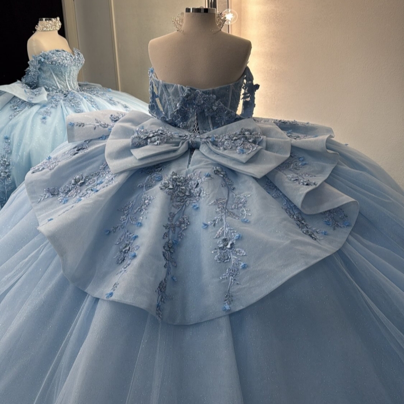 Sky Blue Shiny Quinceanera Dresses Off The Shoulder Applique Lace Beads Bow Tull Corset Ball Gown Vestidos De 15 Anos Sweet 16 Dress