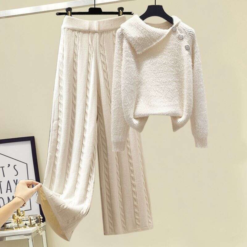 Women's Clothing Autumn And Winter Three Piece Suit Designer Sweater, Thickened Slim Vest Coat, High Waist, Cable Pattern, Wide Leg Casual Pants