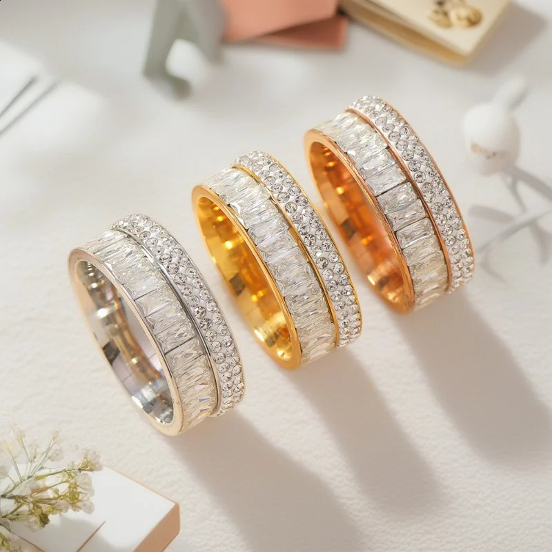 8MM Zircon Stainless Steel Finger Ring For Women 2025 High Quality Anti-Fade Female Wedding Party Fashion Jewelry 250805