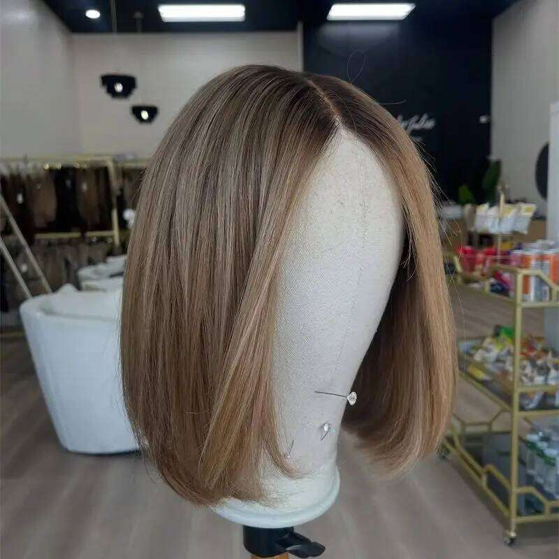Ombre Honey Brown Blonde Lace Front Short Bob Dark Roots Heat Resistant Fibre Straight Wig Natural Preplucked Hairline 12''