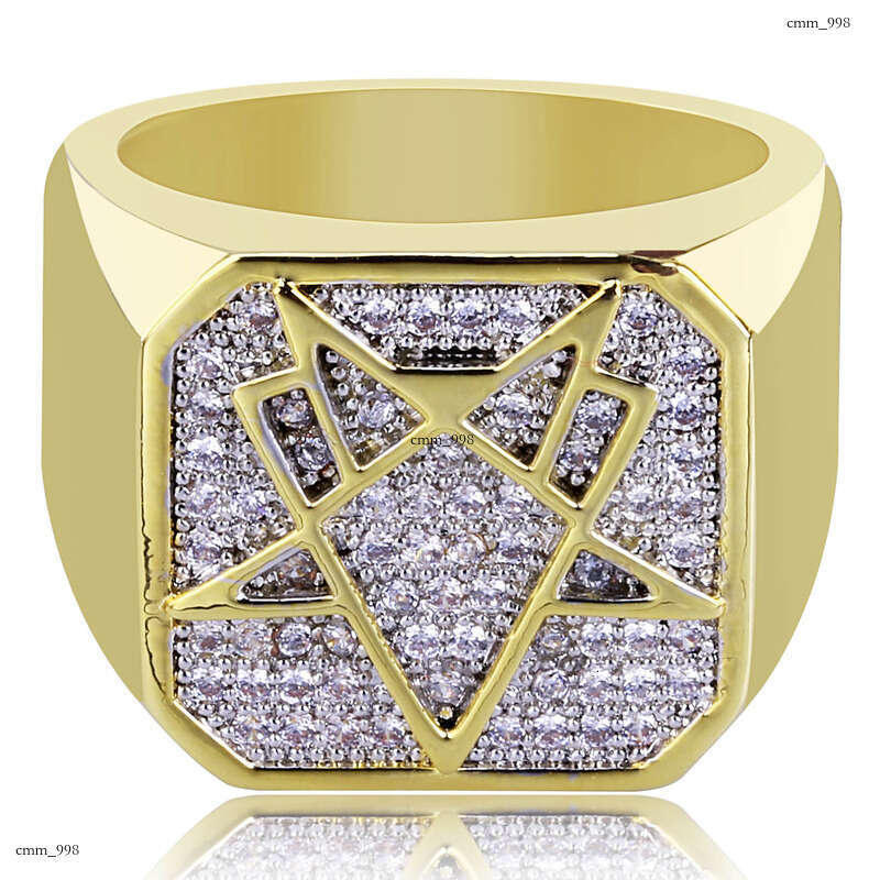 Hot Plated Gold Inlaid Zircon Geometric Shape Hip-Hop Men's Ring Trendy Jewelry