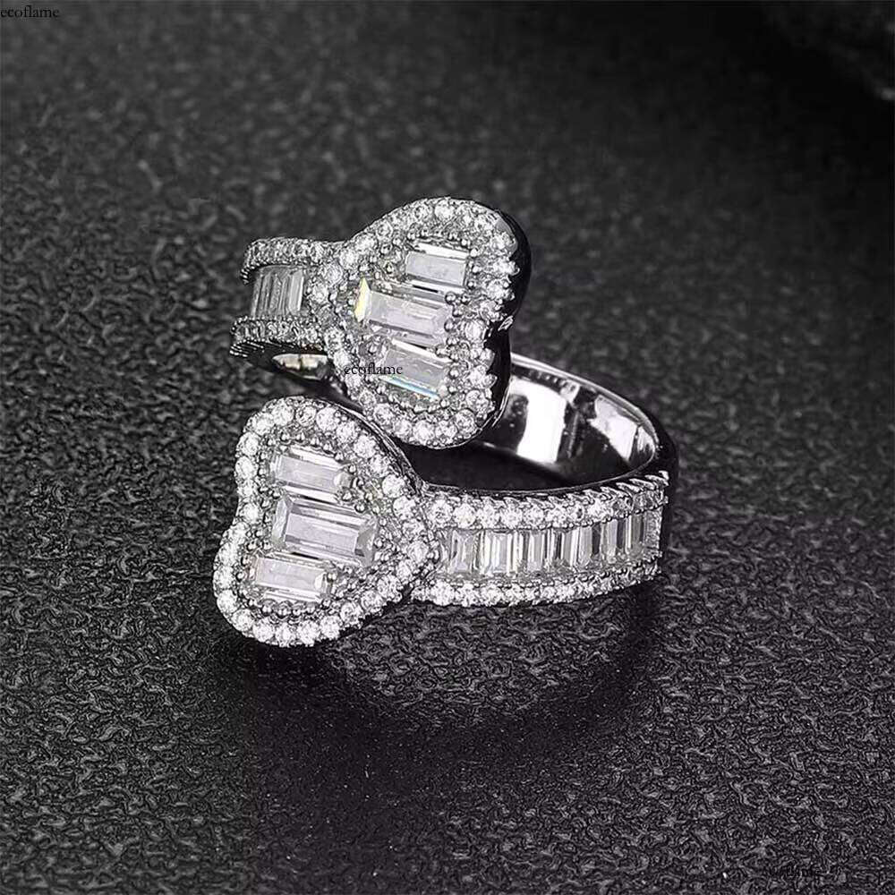 Nuoya High Quality Iced Out Baguette CZ Shape Dia Double Heart Open Finger Ring