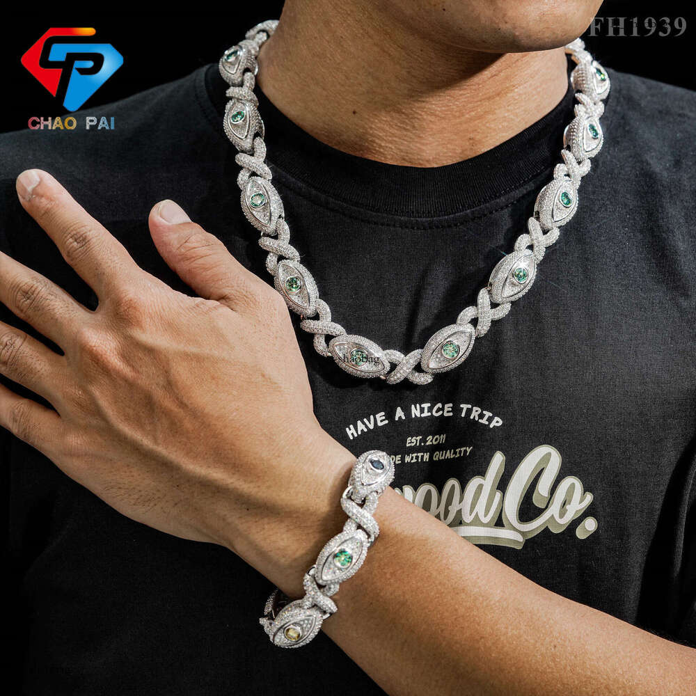 New Hip-Hop Personality Sier Moissanite 15mm 8-Shaped Eye Cuban Chain Bracelet Necklace Jewelry