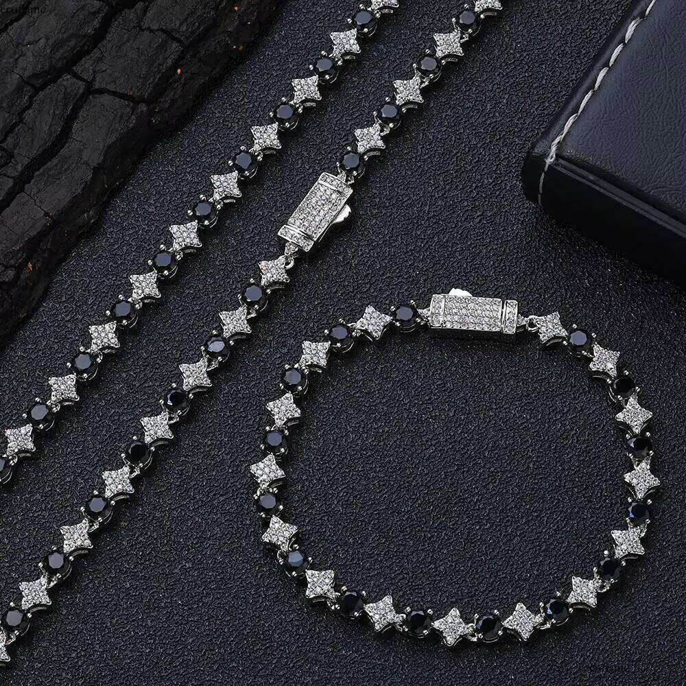 NUOYA High Quality Star Shape Chain with Black CZ Stone 6mm Sier Plated Tennis Bracelet Hip Hop Jewelry for Women/Men