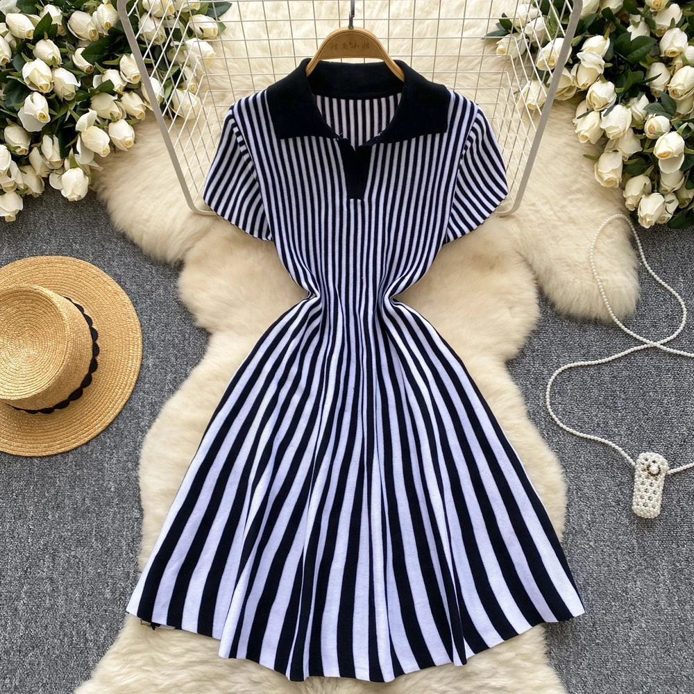 YuooMuoo Summer Vintage Vertical Stripes Knitted Dress Women Turndown Collar Slim Waist Aline Short 250809