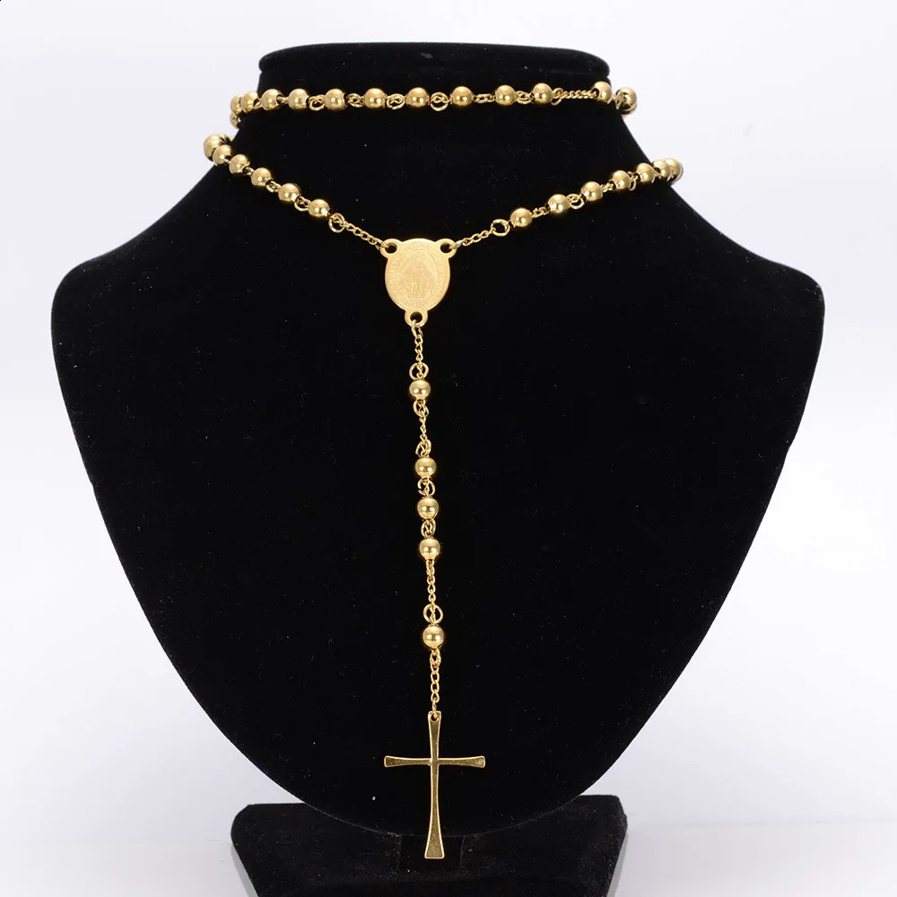 4/6/8mm Stainless Steel Pendant Necklace Men Women Rosary Beads Chain Necklace 250809