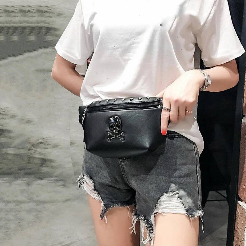 Cool Unisex Pu Leather Chest Skull Fanny Women Black Waist Pack Ladies Punk Belt High Quality Bum Bag