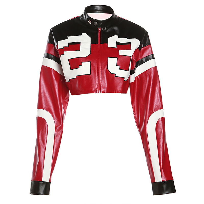 2024 Summer Womens New Fashion Motorcycle Contrast Embroidery Splicing Slim Fit Imitation Leather Jacket Coat