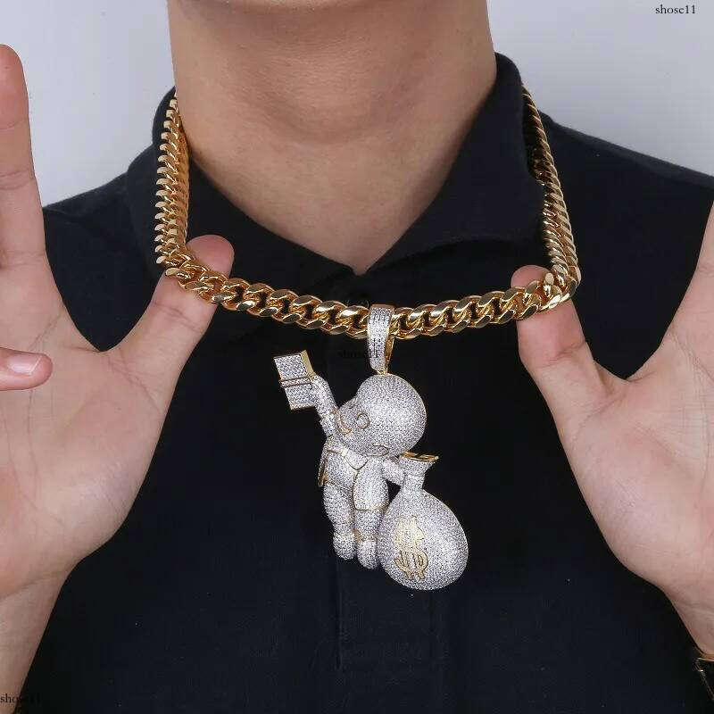 New Personalized Gold Plated Hip Hop Cartoon Boy with Big Money Bag Pendant Necklace Twisted Chain Iced Out CZ Zirconia Jewelry Gifts