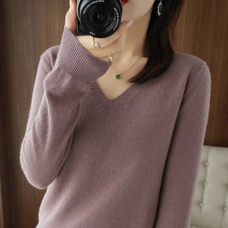 Cashmere Womens V-neck Pullover Lace Neck Hollow Out n Casual Knitted Long Sleeve Womens Sweater Autumn And Winter 250806