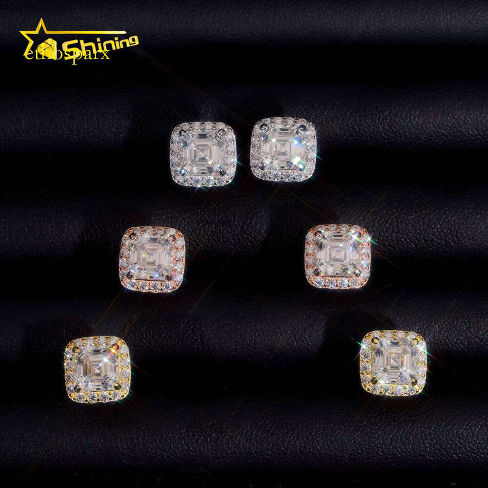 RTS Tester Certified Hip Hop Jewelry Sier Asscher Cut VVS Dia Moissanite Stud Fashion Earrings