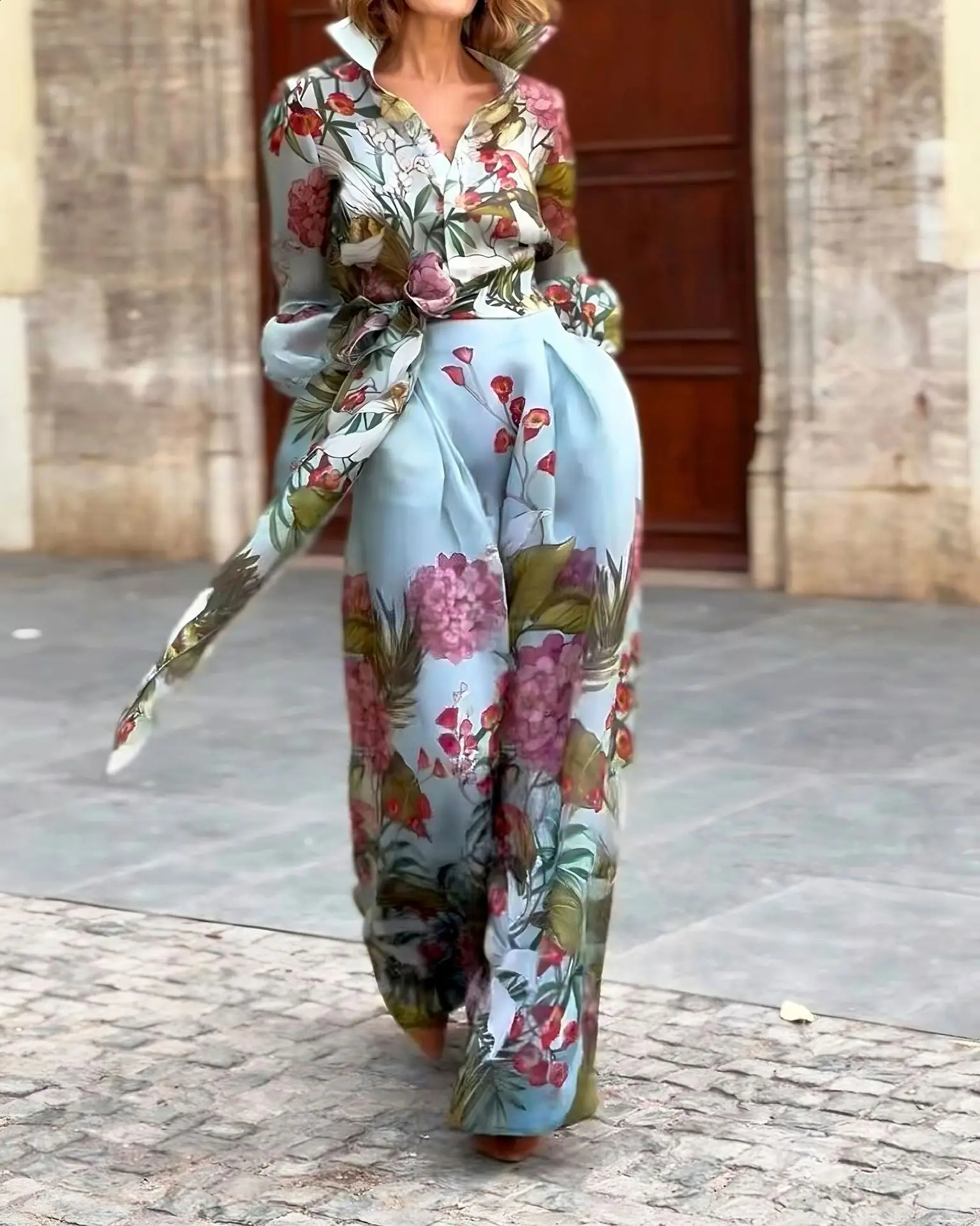 2025 Spring Floral Print Womens Two Pieces Set Long Sleeve Shirts High Waist Long Skirt Suits Female Chic Elegant Skirts Set 250808