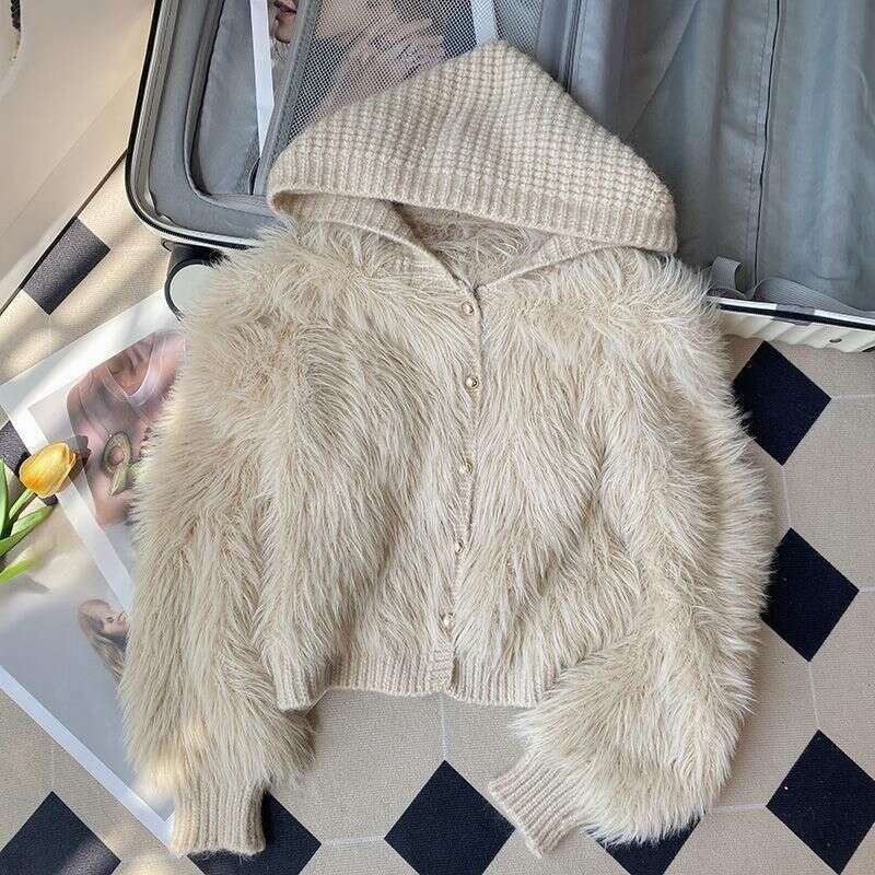Women's Clothing Faux Mink Fur Cardigan For Women - Soft Cozy Hooded Knit Sweater With Geometric Pattern, Regular Fit, Long Sleeve, Khaki