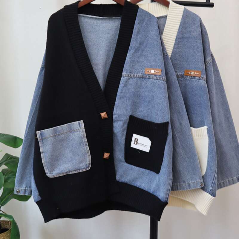 Women's Clothing Loose Lazy Style Denim Splicing Design Knitted Cardigan Women's Sweater Jacket