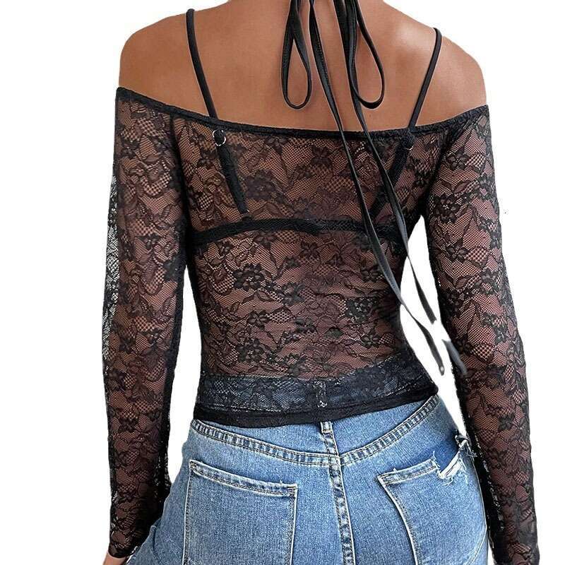 2025 Summer New Fashion Sexy Slim Hollow Lace Collarless Tight T-Shirt