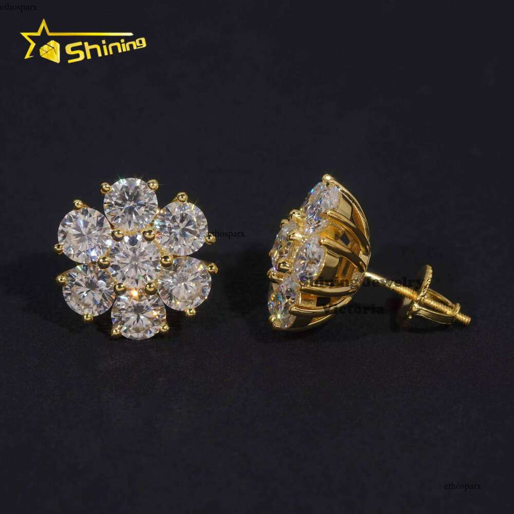 Wholesale Price Hip Hop Jewelry 15MM Flower VVS Moissanite Dia Sterling Sier Gold Plated Men Stud Earrings