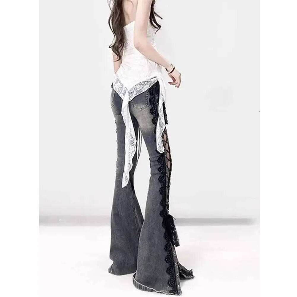 American Vintage Y2k Lace Strap Split Denim Women's Straight Loose Wide Leg Pants 2025 Summer Streetwear Bell Bottom Jeans