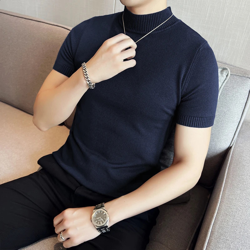 7 Colors Half High Collar Men Sweater Autumn Short Sleeve Solid Color T Shirt Slim Fit Knitted Pullover Homme 250809