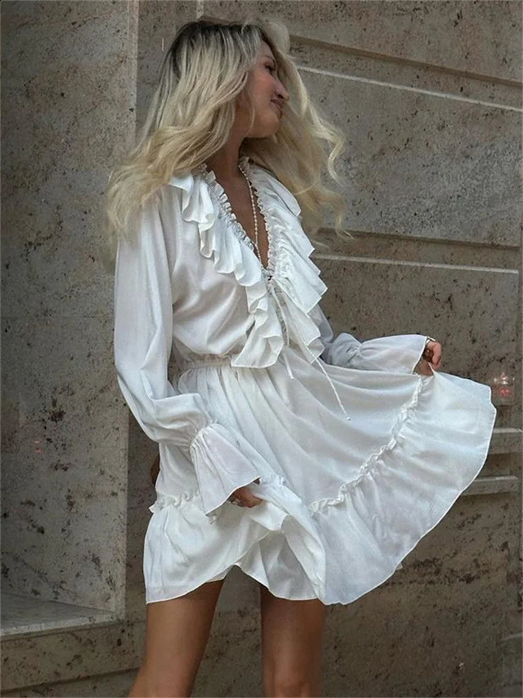 Tossy Ruffled VNeck White Mini Dress Female Patchwork Long Sleeve Elegant Bandage Fashion High Waist LaceUp Women 250809