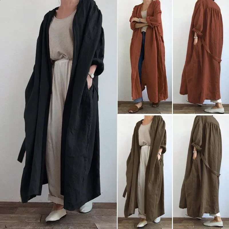 Ankle Length Trench Long Sleeve V Neck Open Stitch Outerwear Solid Loose Fit Cardigan Jackets Sashes Basics Pockets 250809