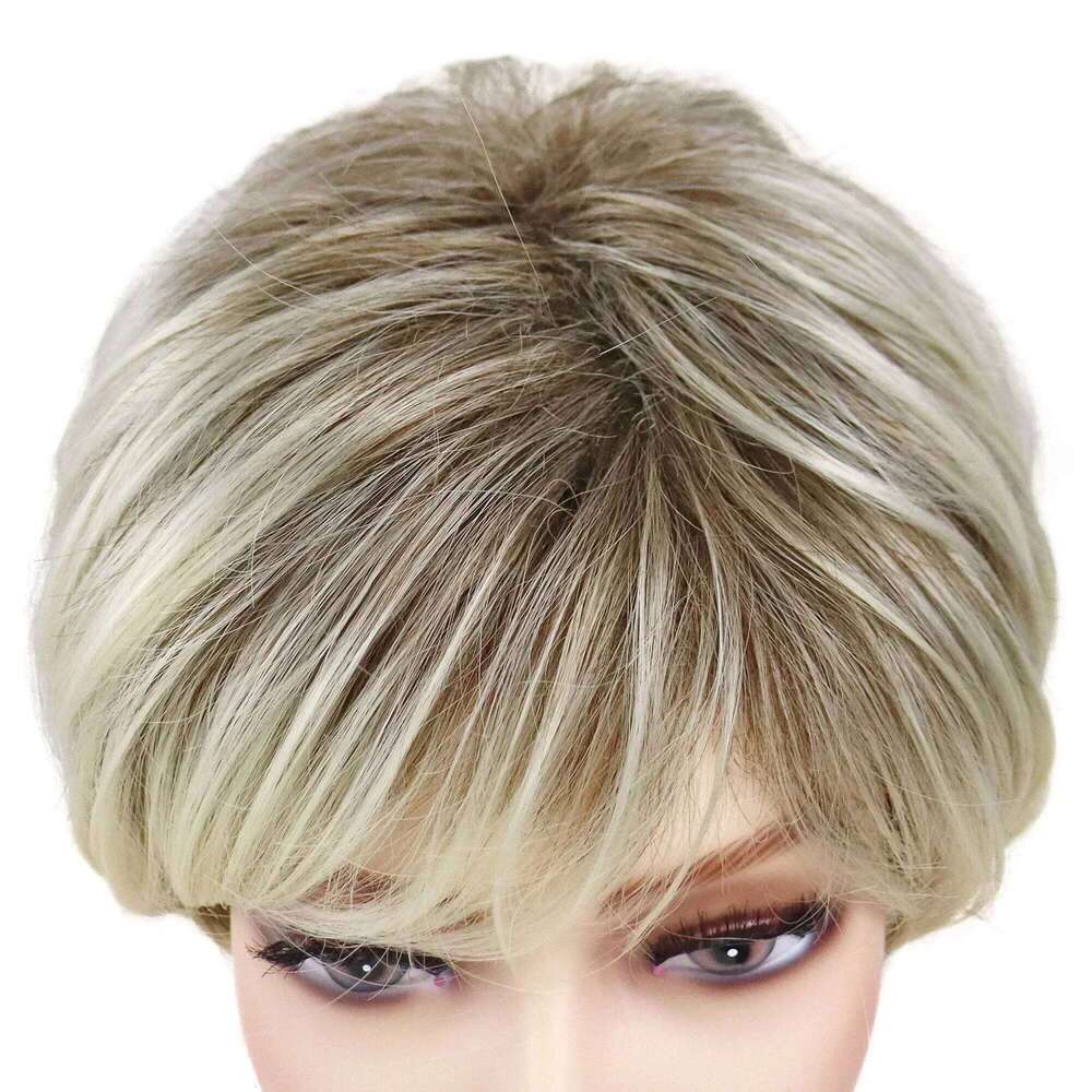 Old Lady Synthetic Hair Blonde with Bangs Natural Short White Woman High Temperature Blond Ombre Mommy Wig for Daily
