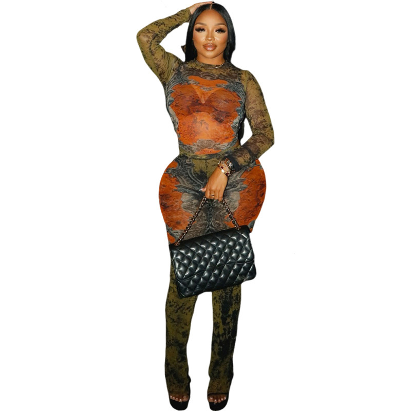 2025 Summer New Womens Fashion Printed Waist-Cinching Long Sleeve Top Slim Fit Long Pants Set for Women