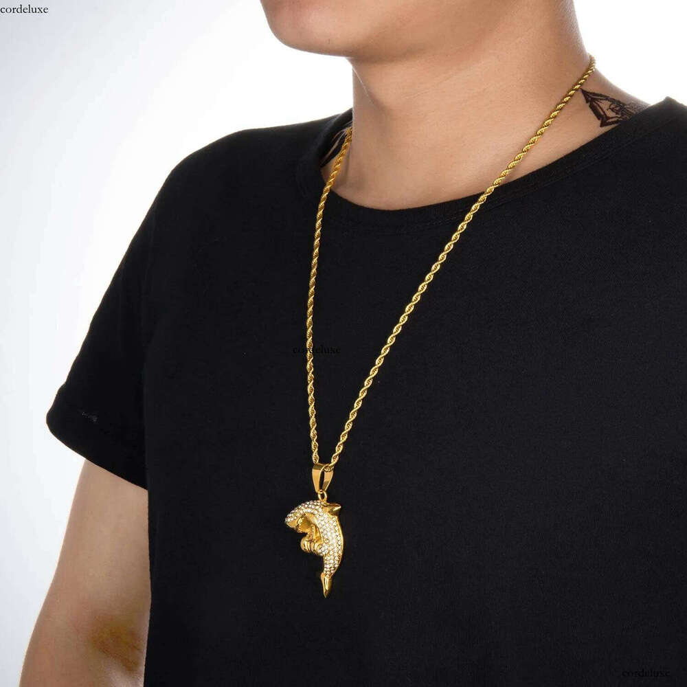 New Fashion Gold Plated Stainless Steel Bling Dia Mens Shark Pendant Chain Necklace personalized Hip Hop Rapper Jewelry Gifts for Men