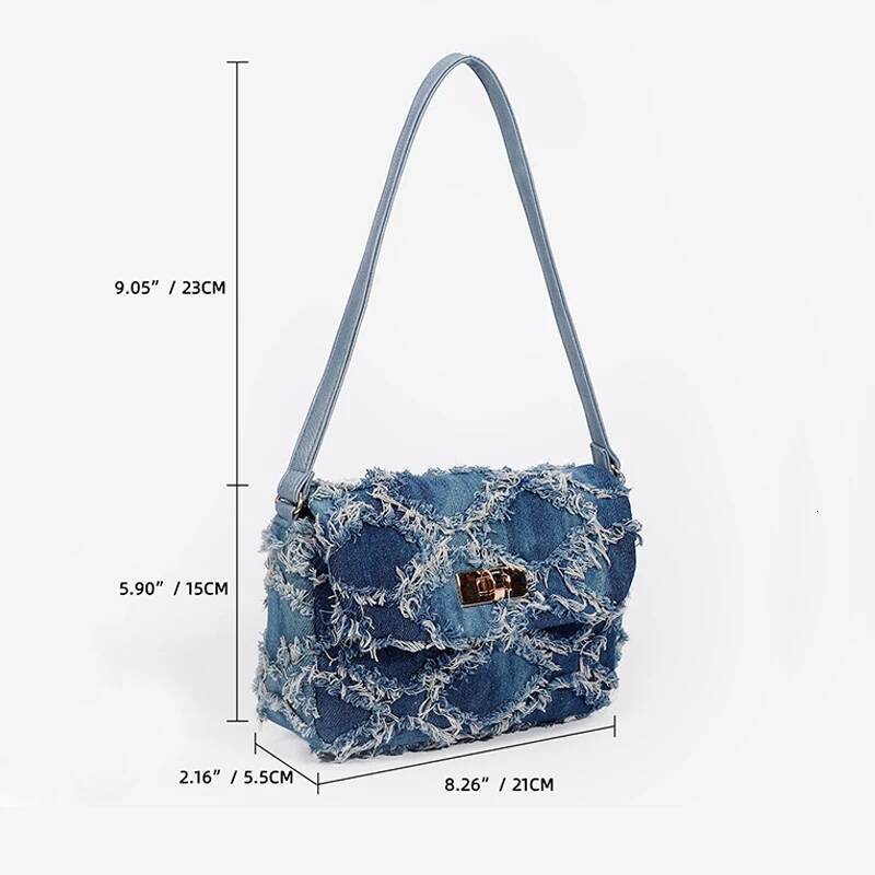 iPinee Fragrant Underarm New Lingge Denim Fabric Bag Women's European and American Small crowd tassel handbag