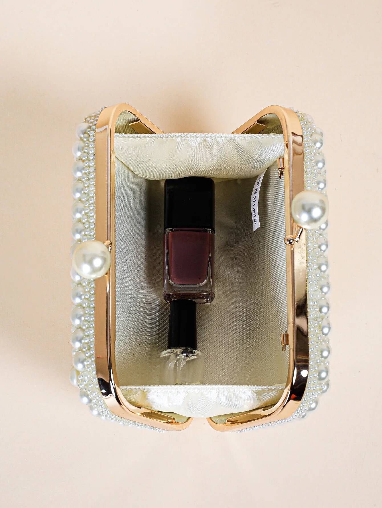 Glamorous Overall Pearl Beads Glossy Kiss Lock Metal Chain Clutch Box, Elegant Textured Frame Wedding Purse, Party Prom Dinner E