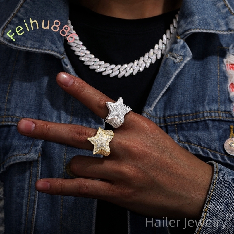 Hailer Joyas Wholesale Luxury 18k Gold Plated Hiphop VVS Moissanite Pinky Star Silver Ring for Men 925