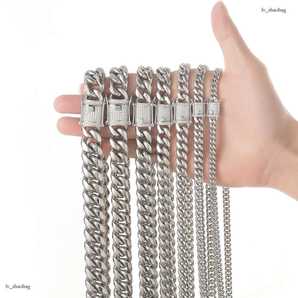Hip Hop 6-18mm Stainless Titanium Steel Necklace Micro Paved Moissanite chain Clasp Miami Cuban Chain