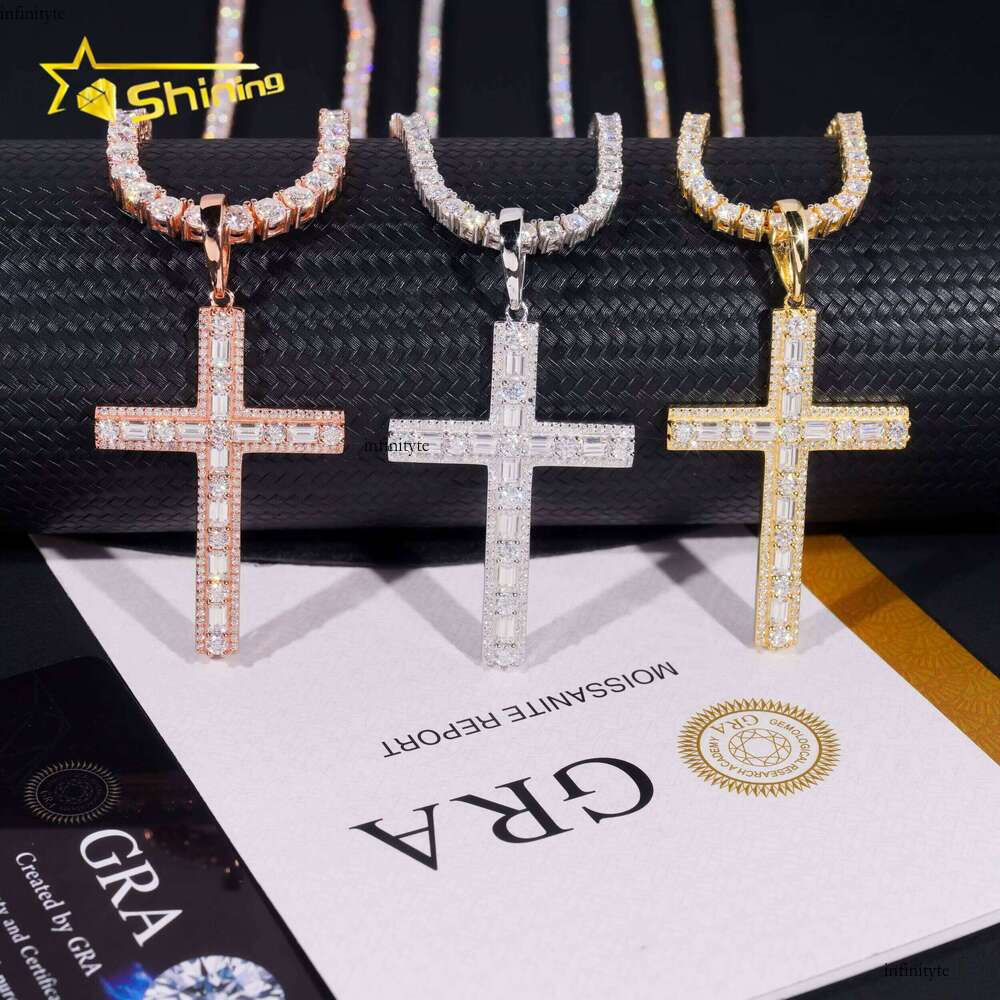 Hot Sale Baguette Cross Pendant Sterling Sier Gold Plated Pass Dia Tester GRA Moissanite Charms Necklace