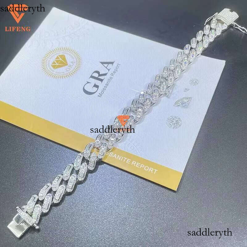 Lifeng Jewelry 14mm VVS Moissanite Baguette Cuban Link Ice Out Hiphop S Sterling Dia Bracelet 35