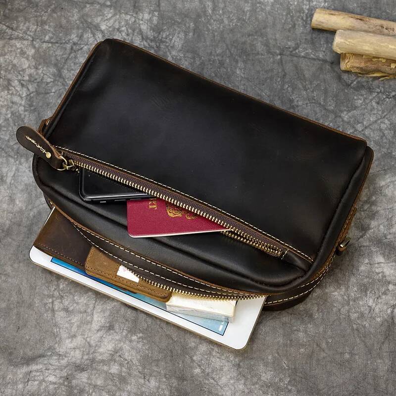 Genuine Clutch Of Men Male Long Hand Bag Crazy Horse Leather Day Clutches For 6" Cell Phone With Wrist Belt