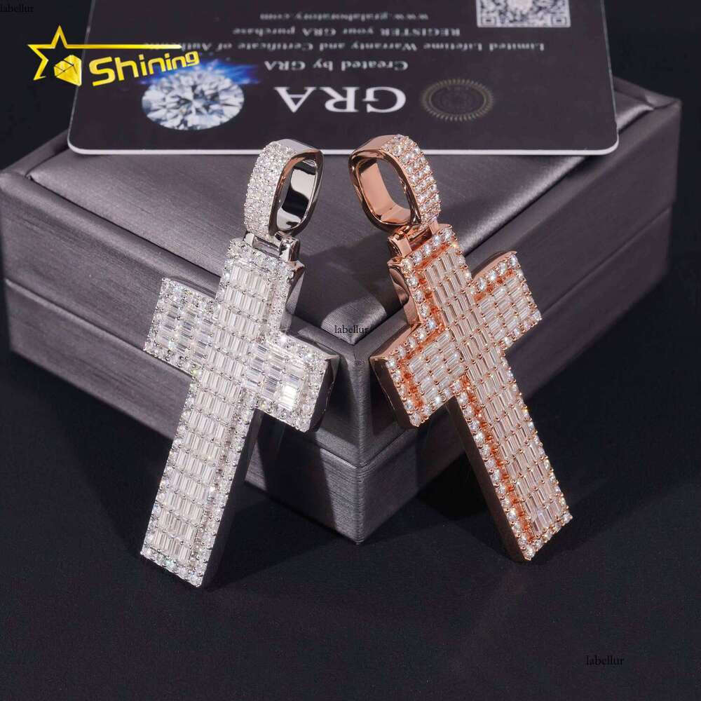 New Baguette Cross Pendant Sterling Sier Gold Plated Pass Dia Tester GRA Moissanite Charms Necklace