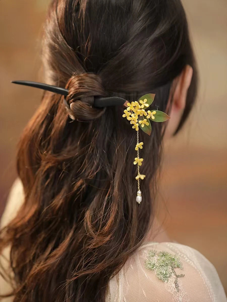 Fxlry Original Osmanthus Pearl Hairpin Wood Hairpin Fringe Accessory 250807