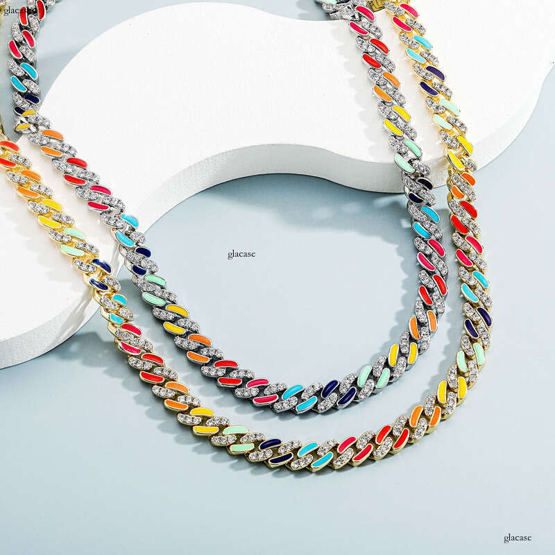 8mm New Colorful Oil Drop Mixed Moissanite chain Cuban Necklace Men's National Trend Bracelet Hip Hop Accessories
