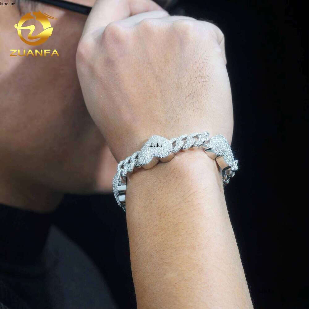 Fashion GRA Certificates Pass Tester Solid Sier 13Mm Iced Out Hip Hop Moissanite Dia Heart Link Chain Bracelet