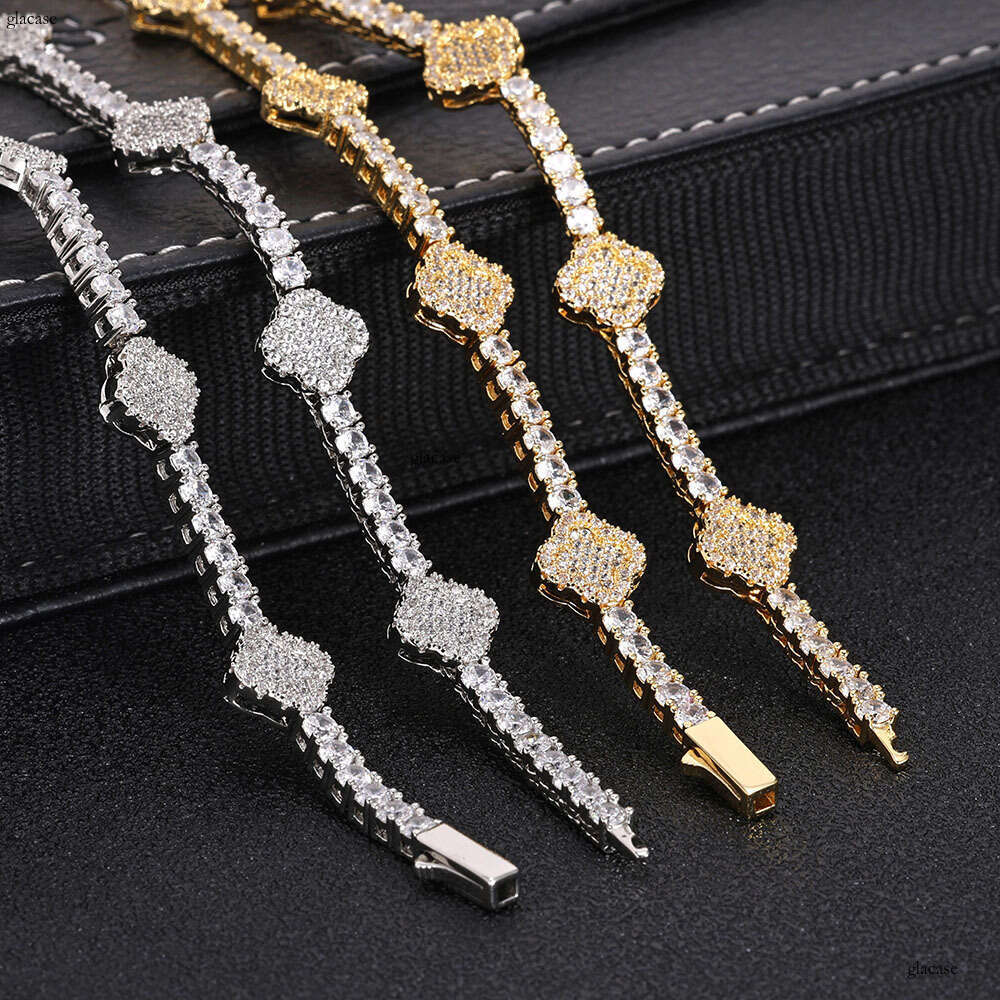 Hip Hop Spring Buckle Moissanite chain Tennis Chain Four-Leaf Clover Necklace Personality Versatile Men's Jewelry