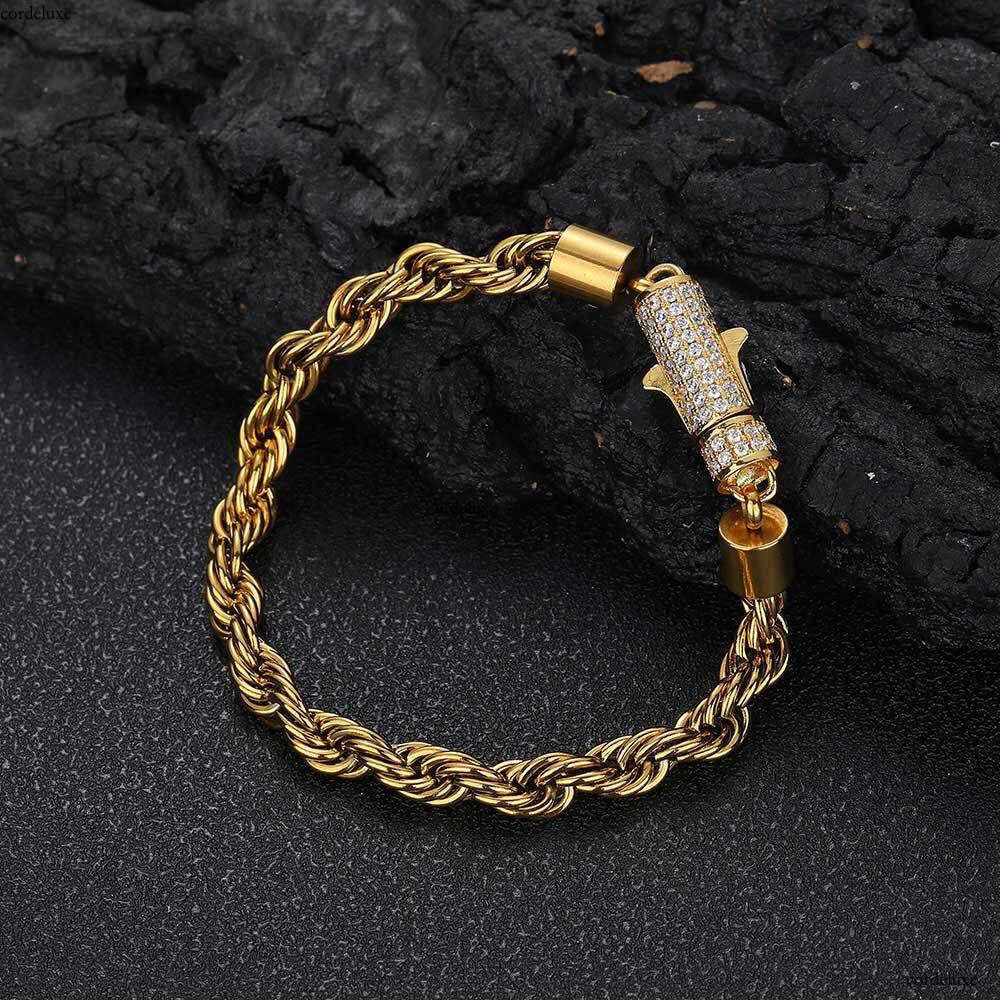 6mm Dia-Encrusted Buckle Stainless Titanium Steel Jewelry Twist Chain Gold Men's Bracelet Accessories