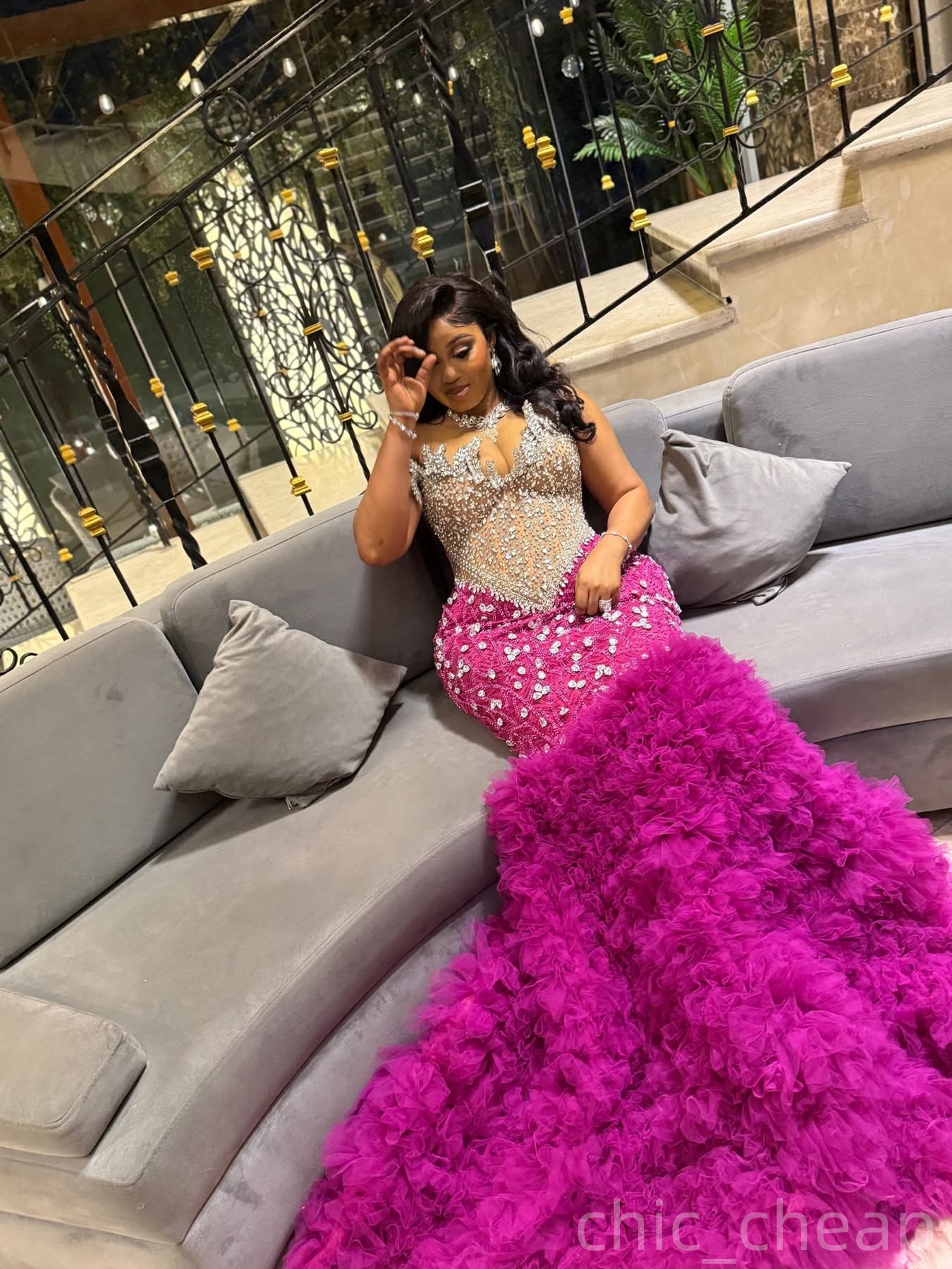 Mermaid Fuchsia Prom Dresses 2025 Crystals Illusion Detachable Train Evening Formal Party Second Birthday Engagement Gowns Plus Size Dress For Special
