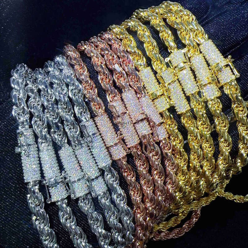 Fashion hip hop 6mm Sterling Sier necklace with moissanite clasp Iced out Rope Chains for men women