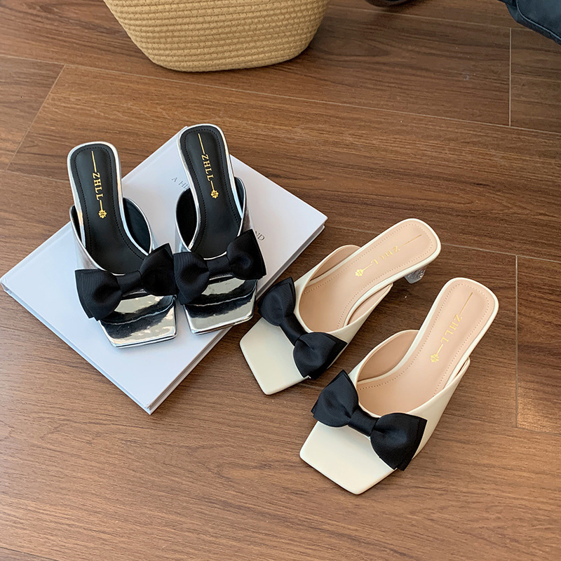Summer high-end sandals new butterfly knot thick heel sandals half mule size plus width women's shoes designer sandals designer women's shoe