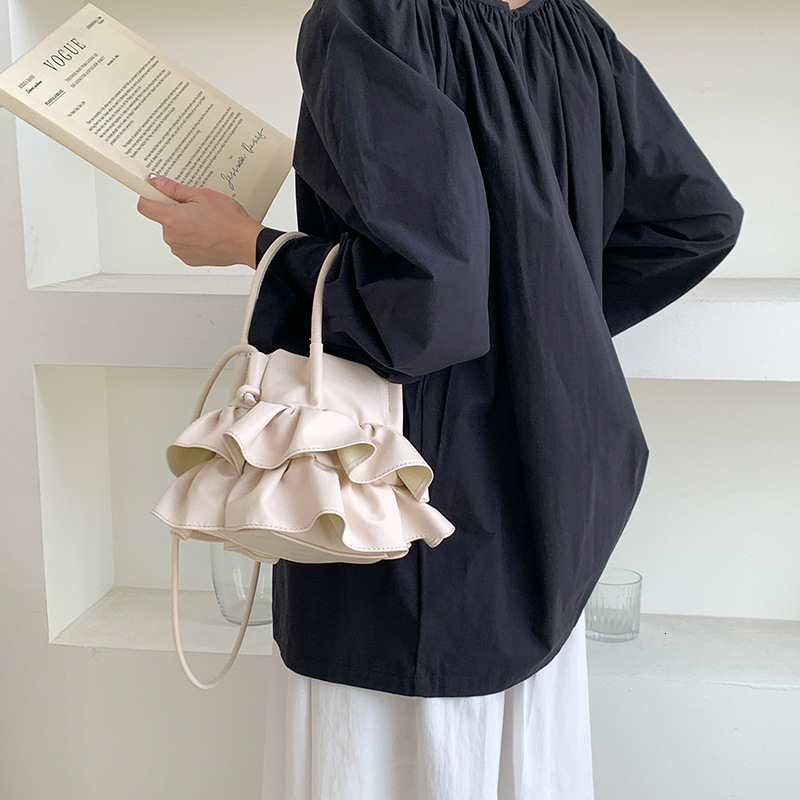 Korean Style Ruffled Design Handheld Bucket Elegant Single Shoulder Crossbody Bag for Women ddmymoon