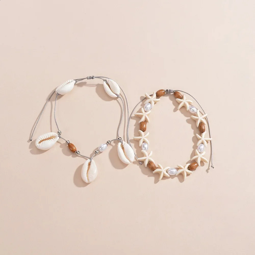 2Pcs Stylish Ocean Breeze Natural Shell Starfish Wood Beads Pearl Woven Adjustable Womens Anklets for Party Vacation Gift 250807
