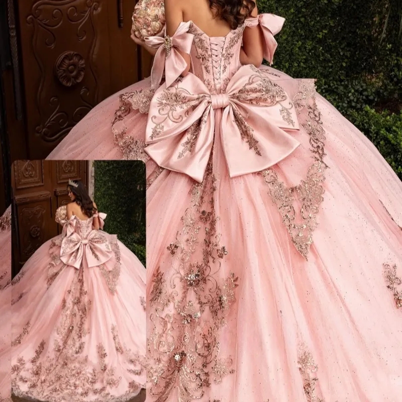 Princess Pink Quinceanera Dresses Ball Gowns Off Shoulder Lace 3D Applique Sweet 16 Gowns Sweep Train Backless Prom Party Gowns 2026
