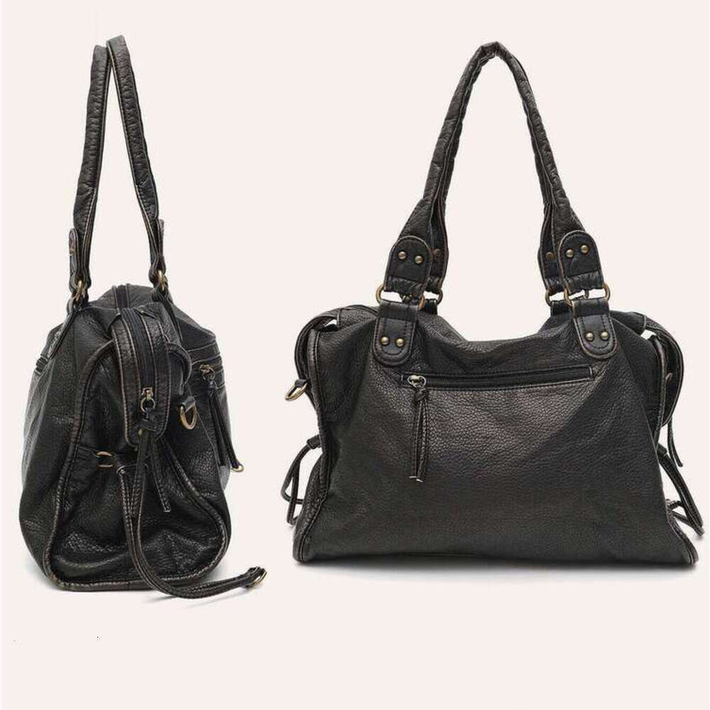 Vintage Washed PU Leather Large Capacity Tote Zip Pockets Braid Decor Shoulder Cross body Bag Unisex Women Daily Travel Handbag
